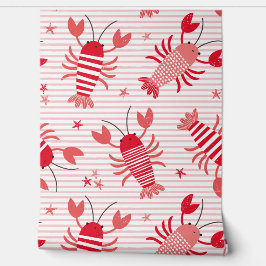 Niedliche Hummer auf hellrosa und weißem Streifen Tapete