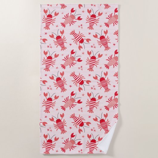 Niedliche Hummer auf hellrosa, weiße Streifen Strandtuch (Vorderseite)