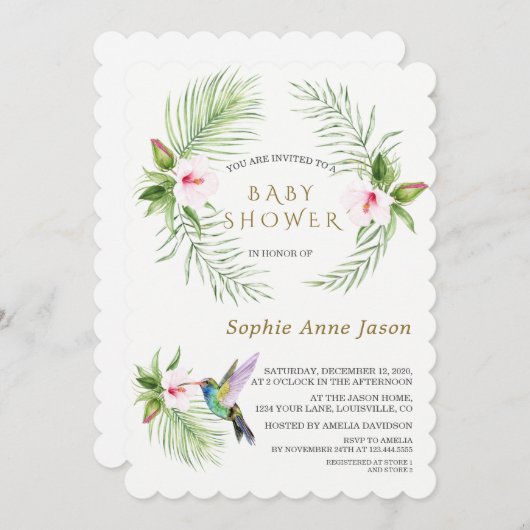 Niedliche Hummingbird Tropical Blume Kinderdusche Einladung (Vorne/Hinten)