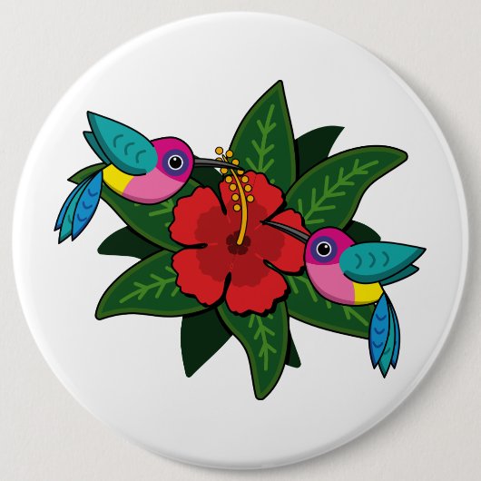 Niedliche Hummingvögel auf Hibiskus Blume Cartoon Button (Vorderseite)