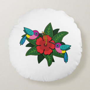 Niedliche Hummingvögel auf Hibiskus Blume Cartoon Rundes Kissen
