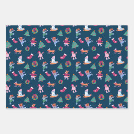 Niedliche Hunde Ice Skaten Blue Pink Weihnachten Geschenkpapier Set