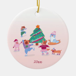 Niedliche Hunde Ice Skaten Softpink Weihnachts-Fot Keramik Ornament