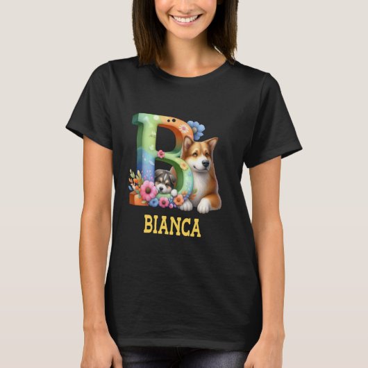 Niedliche Hunde Letter Bianca Name Rainbow Dog T-Shirt (Vorderseite)