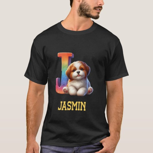 Niedliche Hunde Letter Jasmin Name Rainbow Dog T-Shirt (Vorderseite)