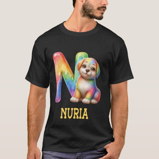 Niedliche Hunde Letter Nuria Name Rainbow Dog T-Shirt (Vorderseite)