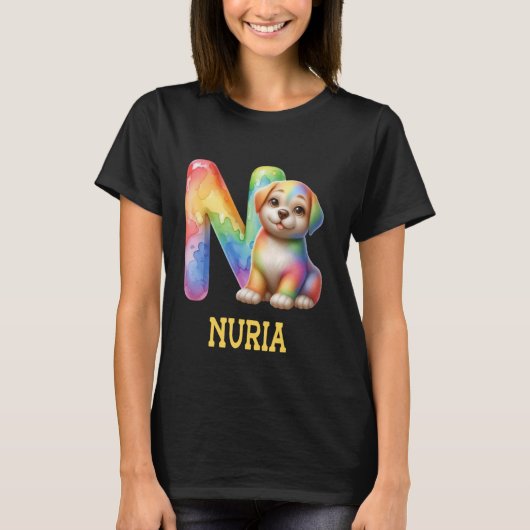 Niedliche Hunde Letter Nuria Name Rainbow Dog T-Shirt (Vorderseite)