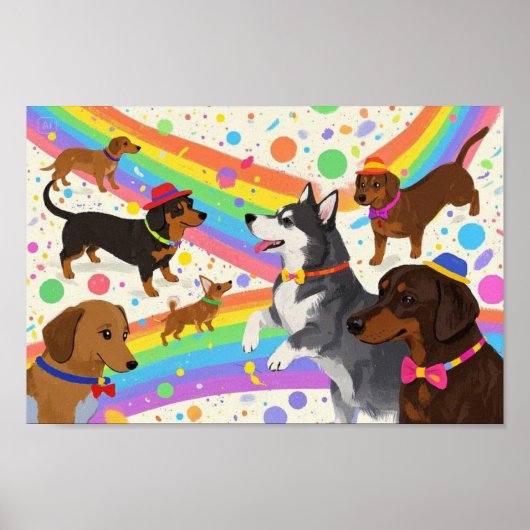 Niedliche Hunde mit Regenbogen Poster (Vorne)