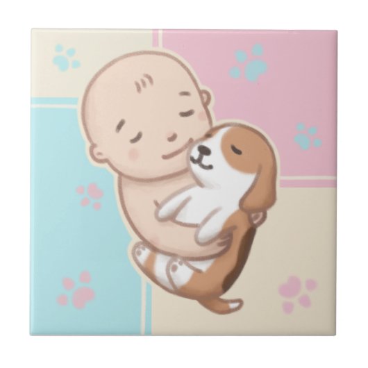 Niedliche Hunde- und Baby-Illustration Art Fliese (Vorderseite)