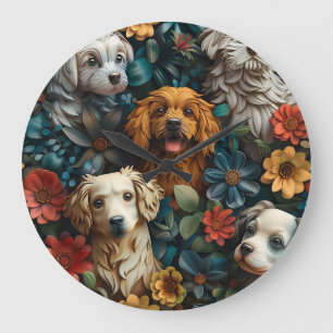 Niedliche Hunde und bunte Blume Große Wanduhr