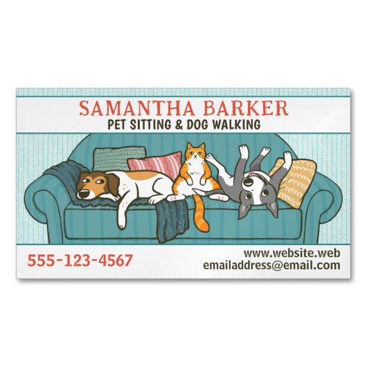 Niedliche Hunde und Katzen, die sich in der Tierpf Magnetische Visitenkarte (Vorderseite)