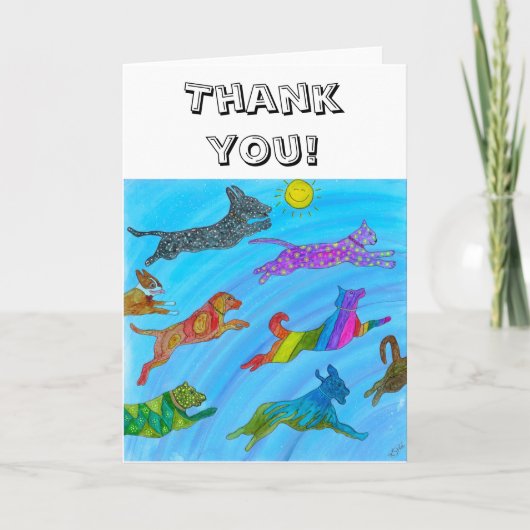 Niedliche Hunde und Katzen Jumping for Joy Greetin Dankeskarte (Vorderseite)