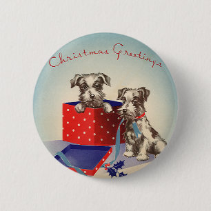 Niedliche Hunde, Weihnachtsgrüße im Jahrgang Button