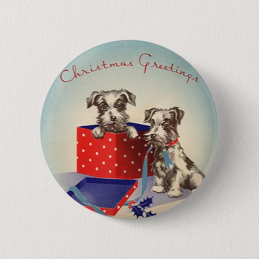 Niedliche Hunde, Weihnachtsgrüße im Jahrgang Button (Vorderseite)