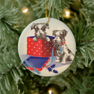 Niedliche Hunde, Weihnachtsgrüße im Jahrgang Keramik Ornament
