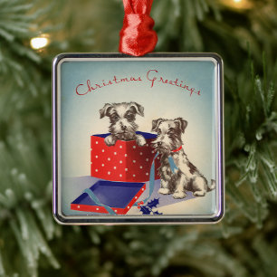 Niedliche Hunde, Weihnachtsgrüße im Jahrgang Silbernes Ornament