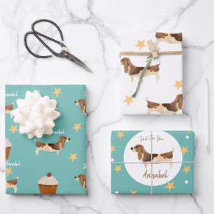 Niedliche Hundefreunde Basset Hund Personalisiert Geschenkpapier Set