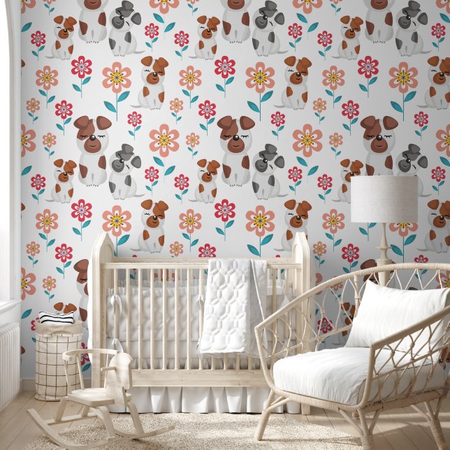 Niedliche Hundemutter und Babys, Muster der Blume Tapete (Kinder)