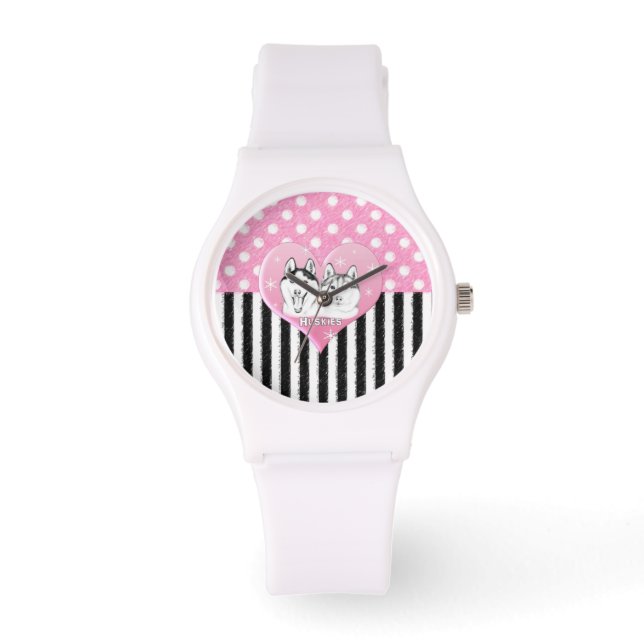 Niedliche Huskies rosa Muster Armbanduhr (Vorderseite)