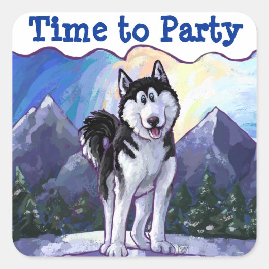 Niedliche Husky-Zeit bis zum Party Quadratischer Aufkleber (Vorderseite)