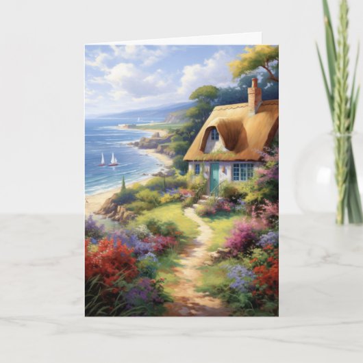 Niedliche Hütte an den Blume am Meer gefaltet Karte (Vorderseite)