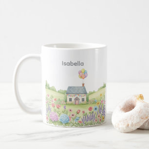 Niedliche Hütte mit Ballon in Blumenfeld Custom Kaffeetasse