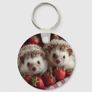 Niedliche Igel, die aus einem Erdbeerkorb herauspi Schlüsselanhänger