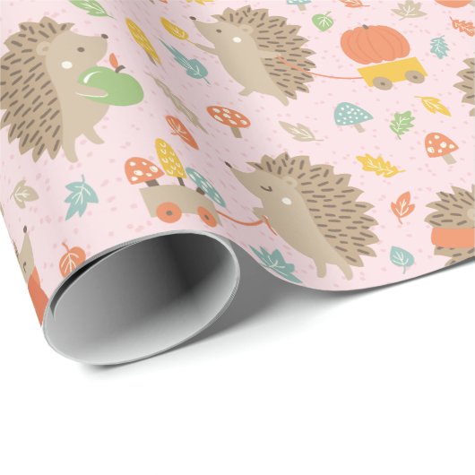 Niedliche Igel mit kleinen Blätter Rosa Geschenkpapier (Rolleneckpunkt)
