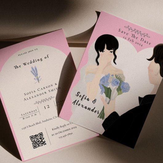 Niedliche Illustration mit QR Code UAWG Wedding Einladung