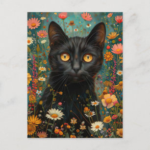 niedliche Illustration schwarze Katze mit Blumen Postkarte