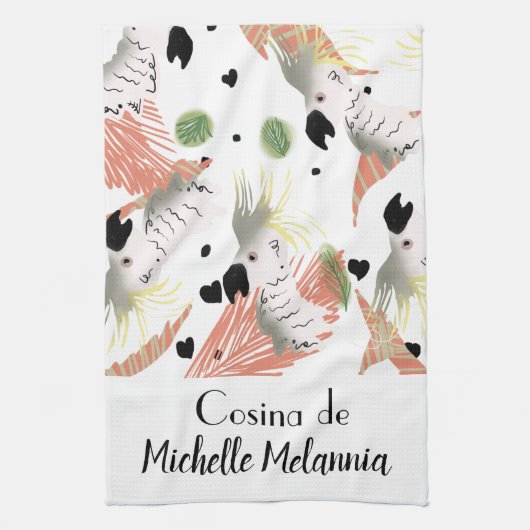 Niedliche Illustration von Cockatoo Hearts Greener Geschirrtuch (Vertikal)