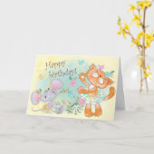 Niedliche Illustrierte Katze und Maus glücklich Ge Karte (Gelbe Blume)