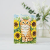 Niedliche Ingwer Katze in Sonnenblumen Postkarte (Stehend Vorderseite)