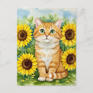 Niedliche Ingwer Katze in Sonnenblumen Postkarte