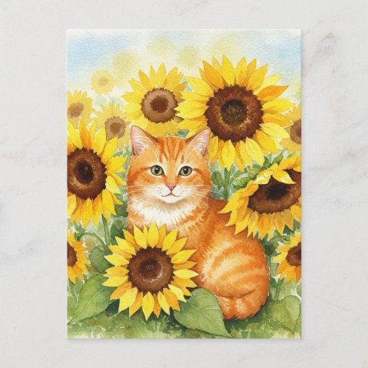 Niedliche Ingwer Katze in Sonnenblumen Postkarte (Vorderseite)