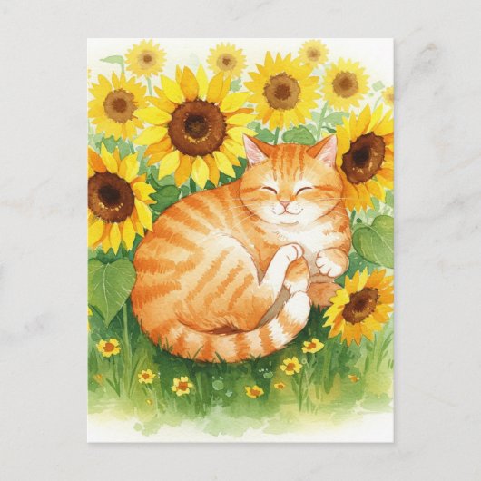 Niedliche Ingwer Katze in Sonnenblumen Postkarte (Vorderseite)