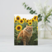 Niedliche Ingwer Katze in Sonnenblumen Postkarte (Stehend Vorderseite)