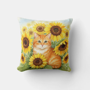 Niedliche Ingwer Katze mit Sonnenblumen Kissen