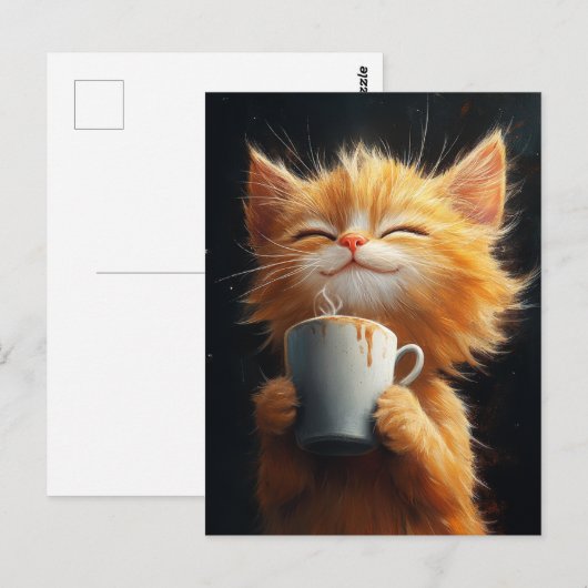 Niedliche Ingwer Kitty mit Kaffee Postkarte (Vorne/Hinten)