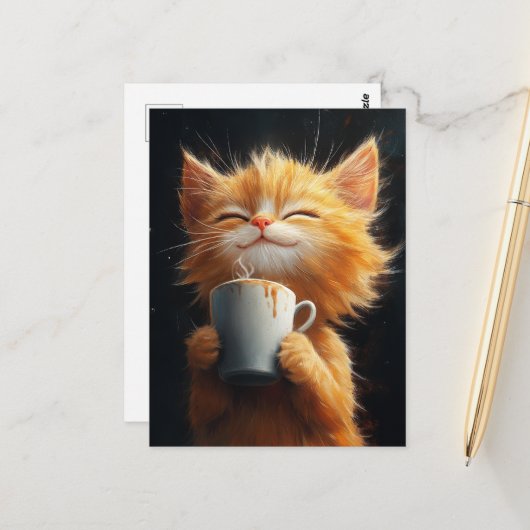 Niedliche Ingwer Kitty mit Kaffee Postkarte (Vorderseite/Rückseite Beispiel)