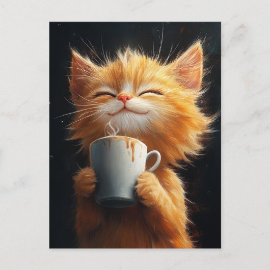 Niedliche Ingwer Kitty mit Kaffee Postkarte (Vorderseite)