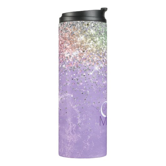 Niedliche iridescen lila lila Imitat Glitzer Monog Thermosbecher (Nach links gedreht)