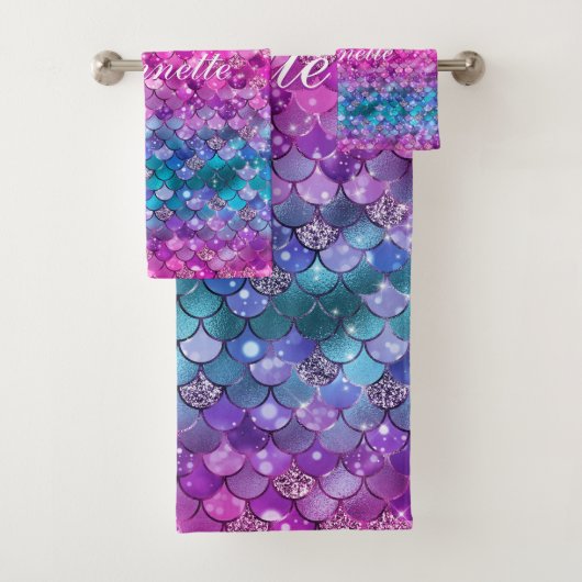 Niedliche Iridescent Lila Mermaid Imitate Glitzer Badhandtuch Set (Insitu)