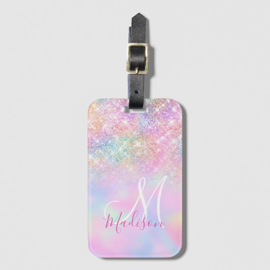 Niedliche Iridescent unicorn ombre Glitzer Monogra Gepäckanhänger (Vorderseite Vertikal)