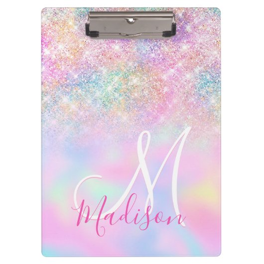 Niedliche Iridescent unicorn ombre Glitzer Monogra Klemmbrett (Vorderseite)