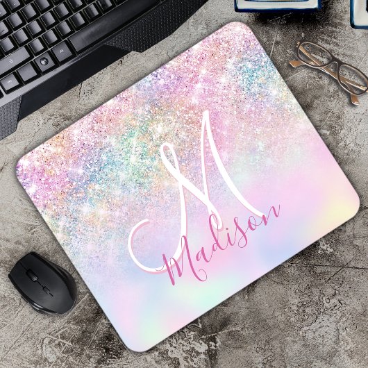 Niedliche Iridescent unicorn ombre Glitzer Monogra Mousepad