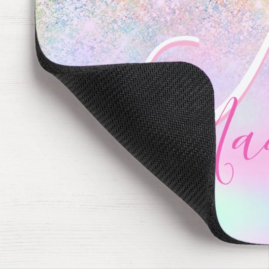 Niedliche Iridescent unicorn ombre Glitzer Monogra Mousepad (Ecke)