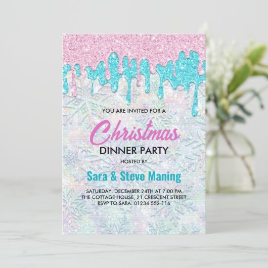 Niedliche irideszierende rosa Aqua Imitate Glitzer Einladung (Stehend Vorderseite)