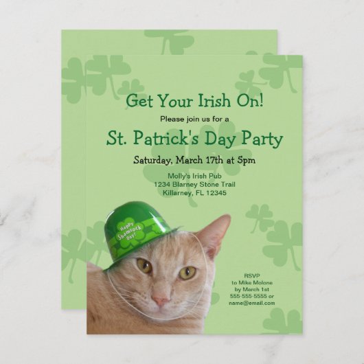 Niedliche Irish Cat St. Patrick's Day Party Einlad Einladung (Vorne/Hinten)
