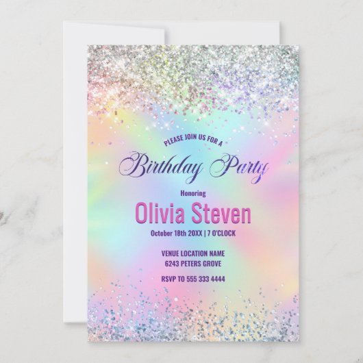 Niedliche irisierende Einhorn-Imitate Glitzer-Mono Einladung (Vorderseite)